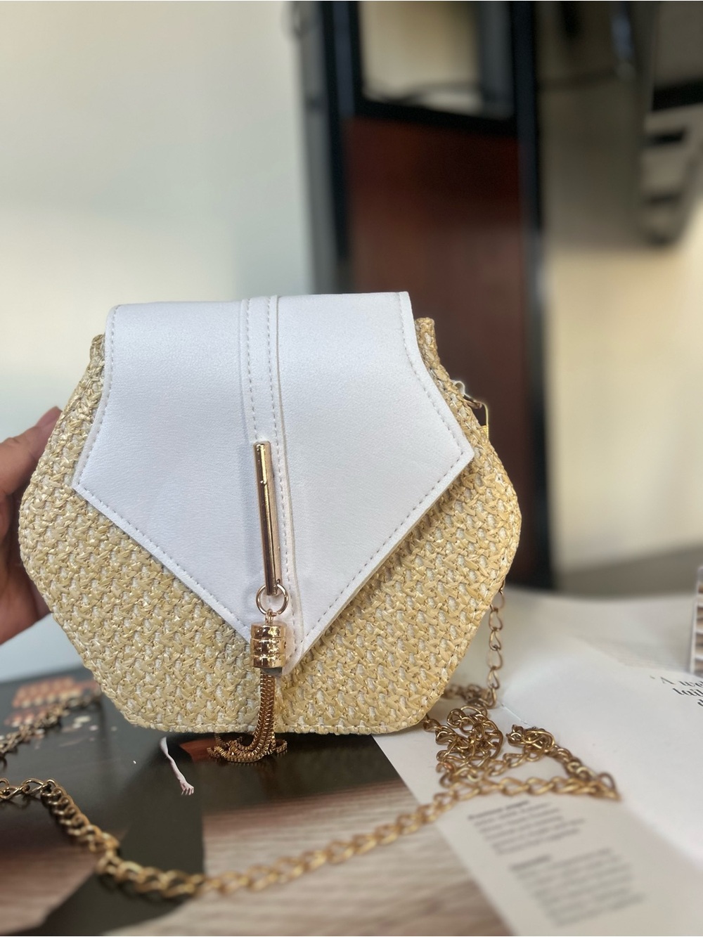 White & Natural Woven Crossbody Bag with Gold Chain new